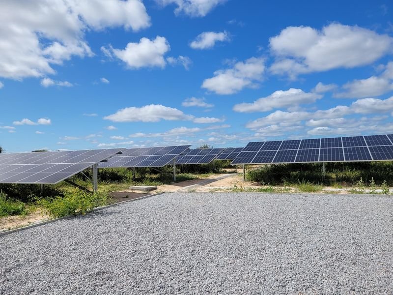 Solar panel farm under blue skies near Remanso, Brazil