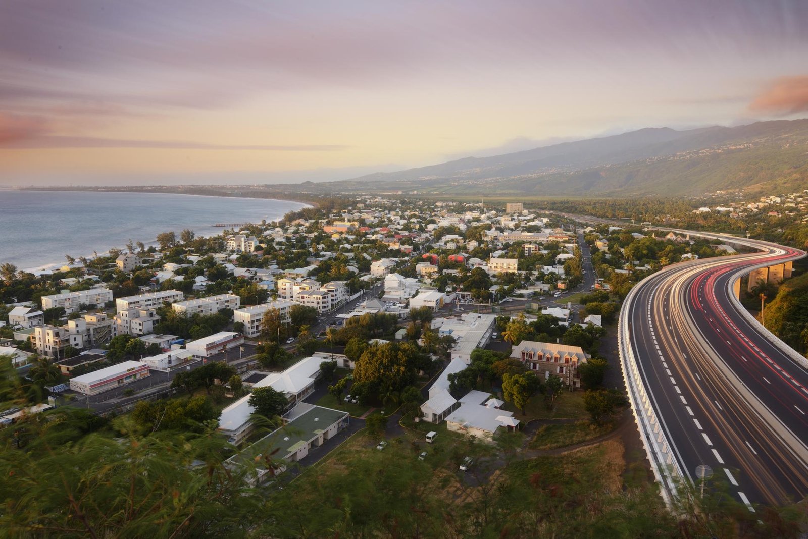 Aerial view of a coastal community on La Reunion island
